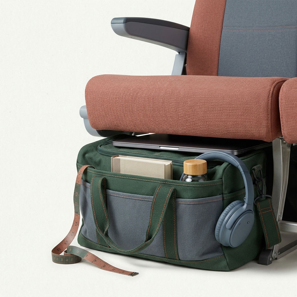 Packed under seat bag beside airplane footwell in Cabin and Carry minimalist styling with forest and terracotta accents a tape measure lies across the bag edge with markings intentionally blurred