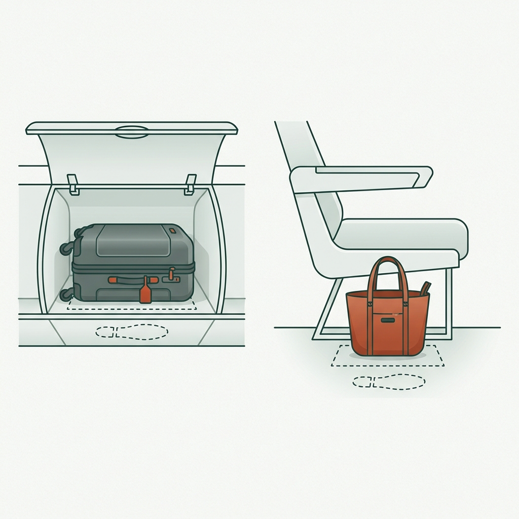 Minimal flat 2D vector comparison of an open overhead bin with a carry on beside an under seat space holding a personal item