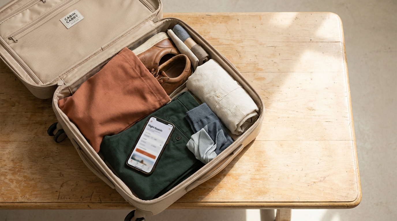 Neatly packed open carry on on wooden surface showing shoes in a terracotta shoe bag and a blurred smartphone suggesting checking airline rules minimalist Cabin and Carry palette