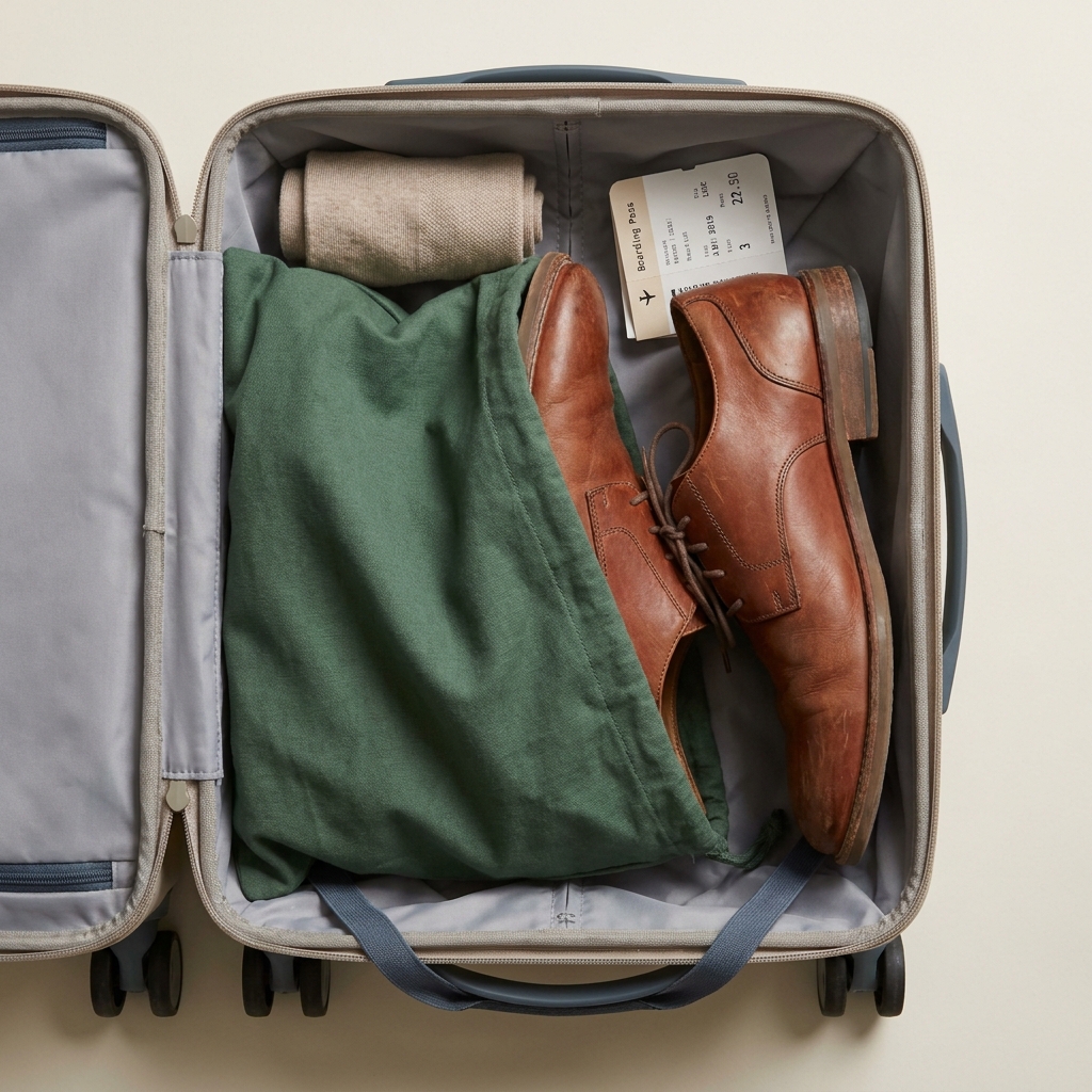 Close up of travel shoes in a cloth shoe bag inside an open carry on suitcase full frame minimalist styling with forest and terracotta accents