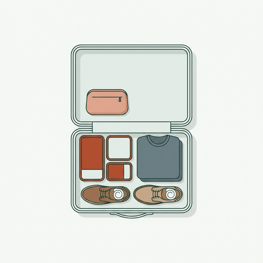 Top view vector of an open carry on with shoes stuffed with socks at the bottom beside packing cubes in forest and terracotta tones