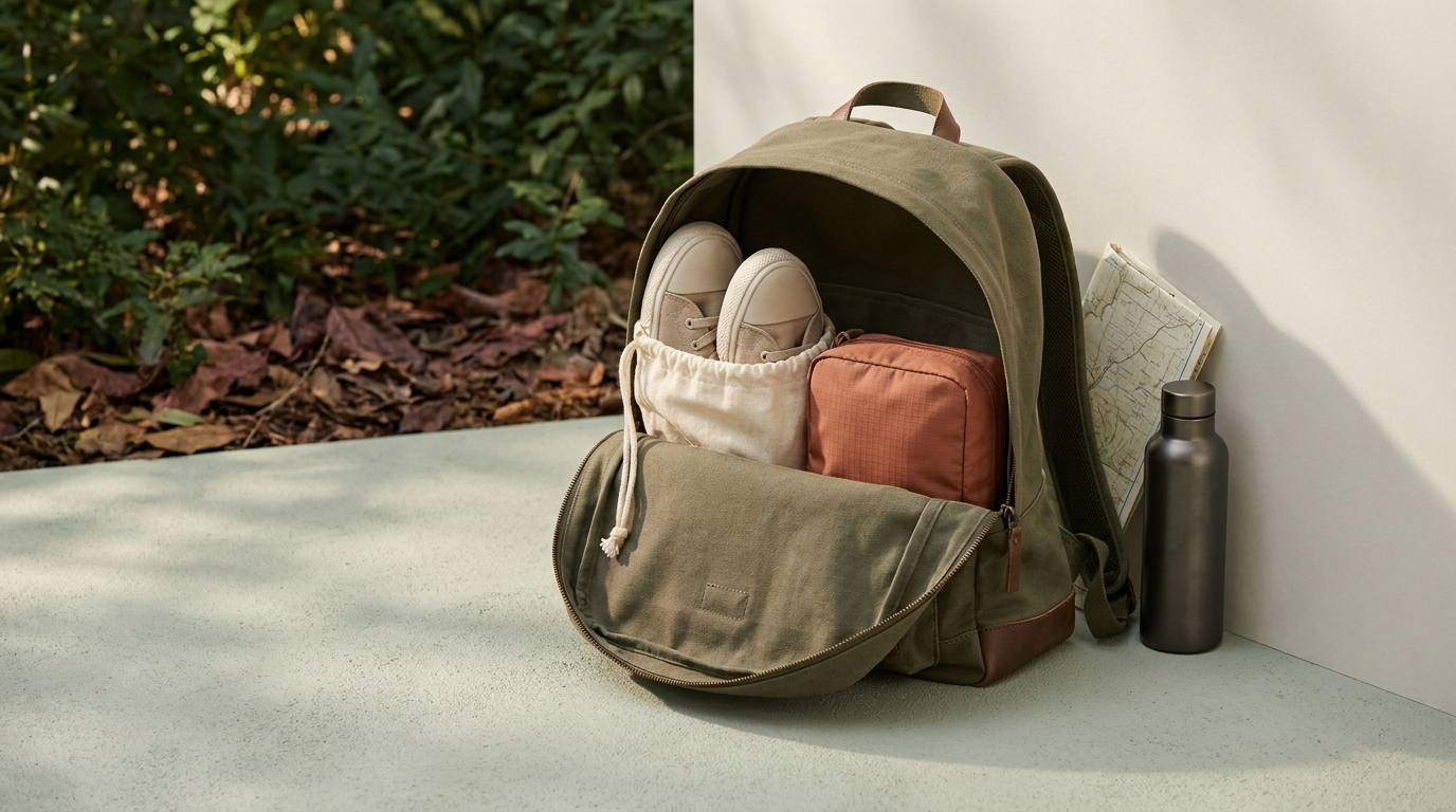Open backpack at a forest trailhead showing shoes inside a neutral cloth shoe bag with terracotta and forest green accents full frame