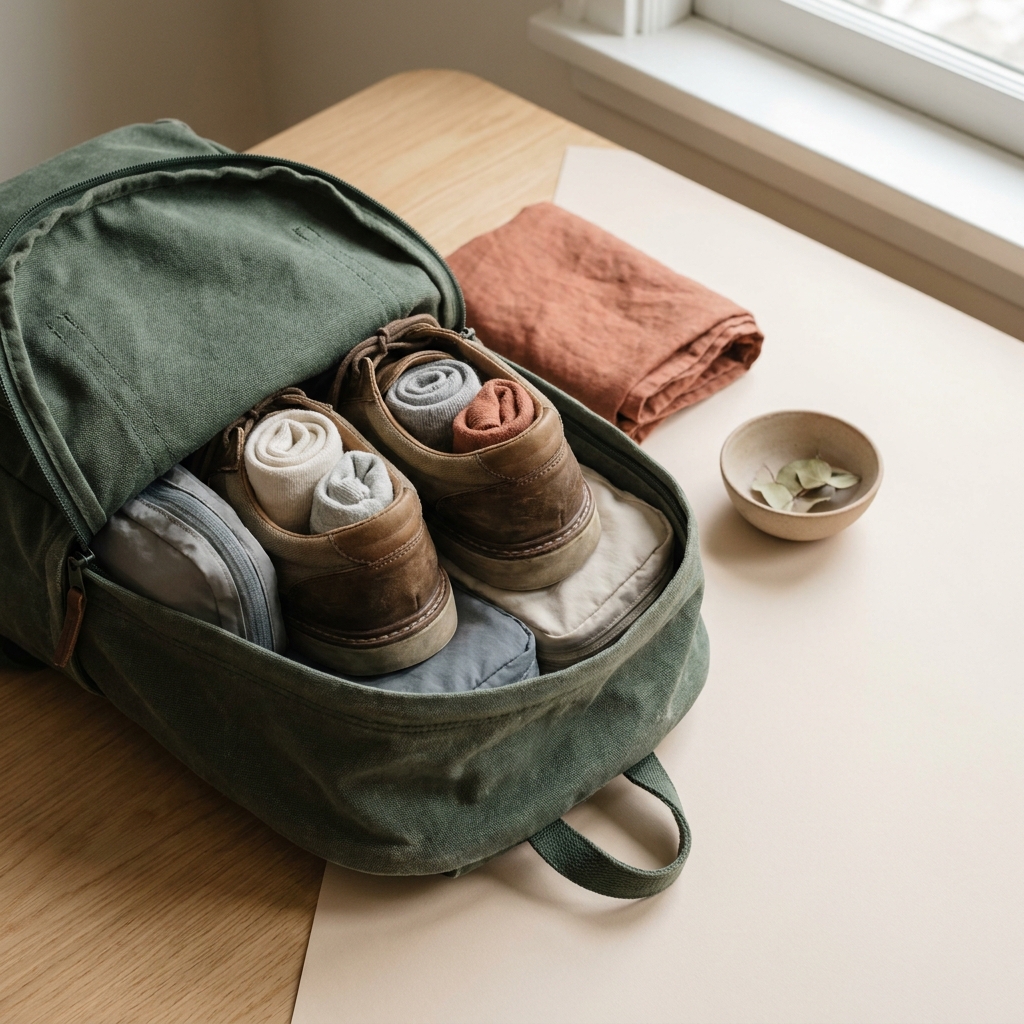 Close up overhead editorial image of a backpack with shoes stuffed with rolled socks in a clean minimalist layout with forest and terracotta accents