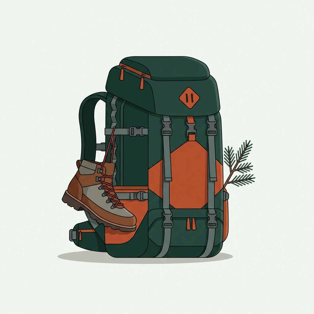 2D vector editorial of a hiking backpack with shoes secured to the daisy chain and compression straps in forest and terracotta tones