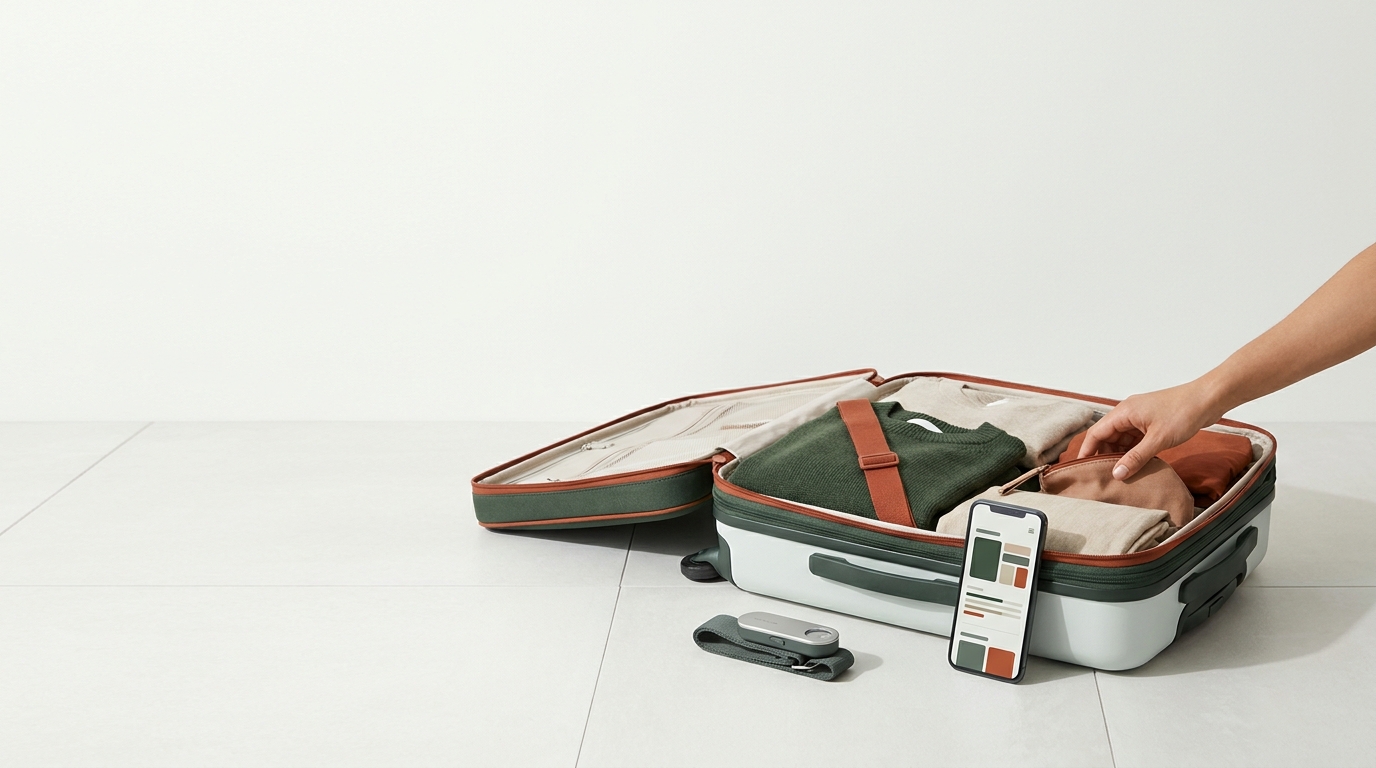 Packed carry on suitcase on tiled floor with a small luggage scale and phone showing a packing app, minimalist travel editorial scene