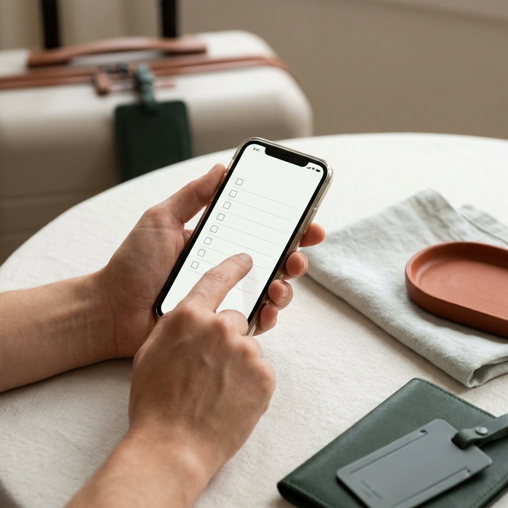 Close up editorial photo of hands entering items into a phone packing list with blurred open suitcase in the background warm forest and terracotta accents