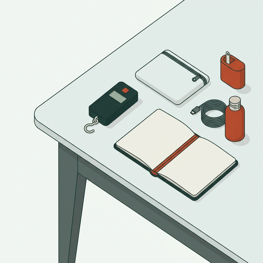 A compact luggage scale and blank passport on a tidy travel table with forest green and terracotta accents