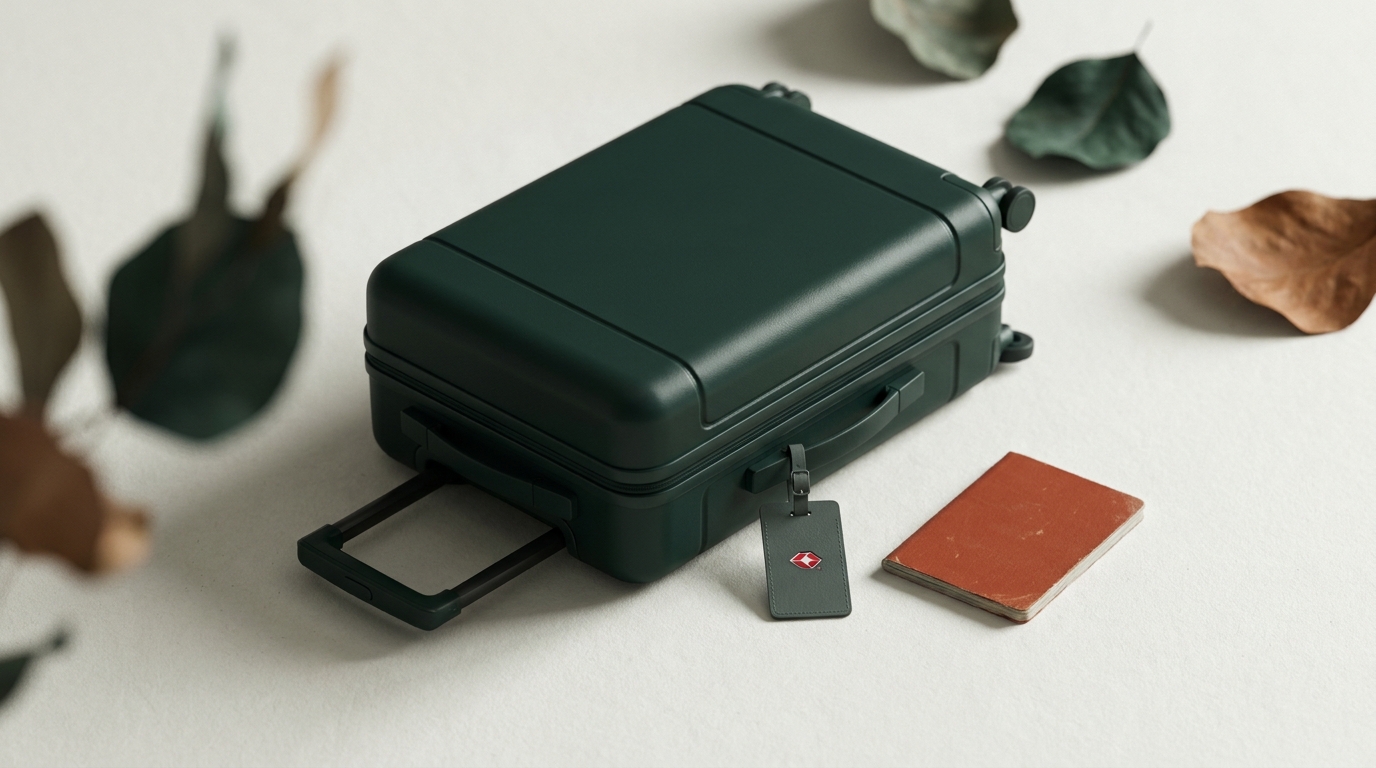 Closed suitcase and passport with small red Travel Sentry diamond on paper background calm forest and terracotta tones
