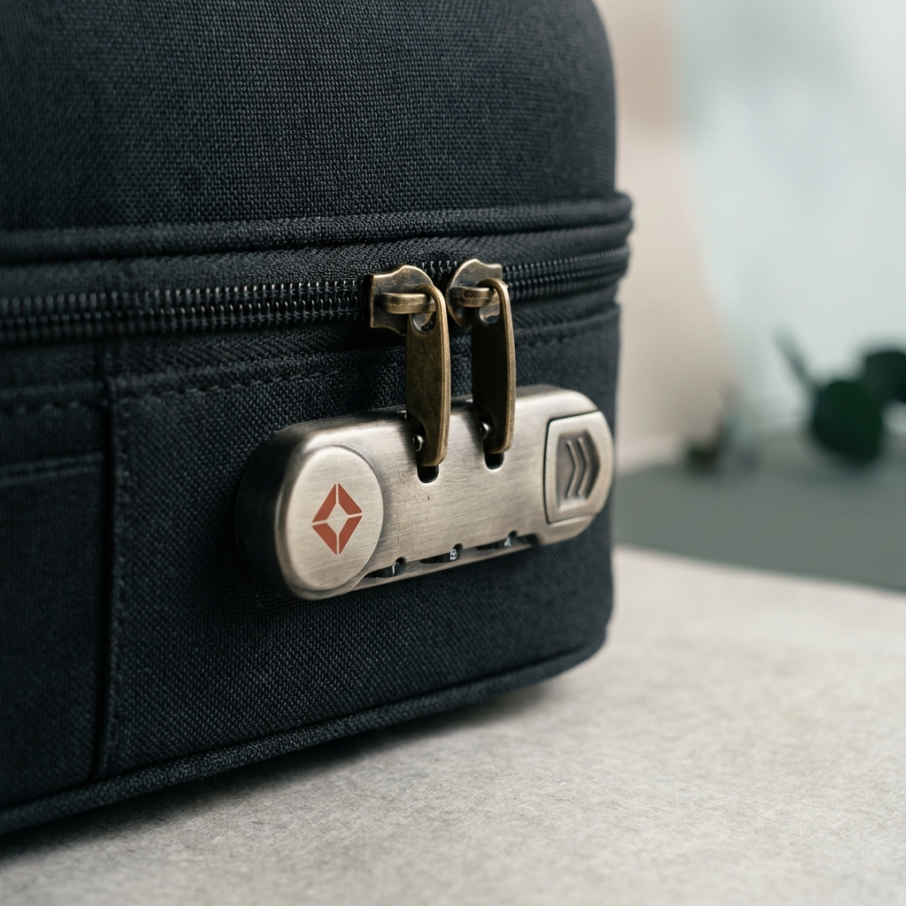 Close up of a suitcase zipper and built in lock showing a small red diamond mark on a paper and forest toned background, calm editorial styling