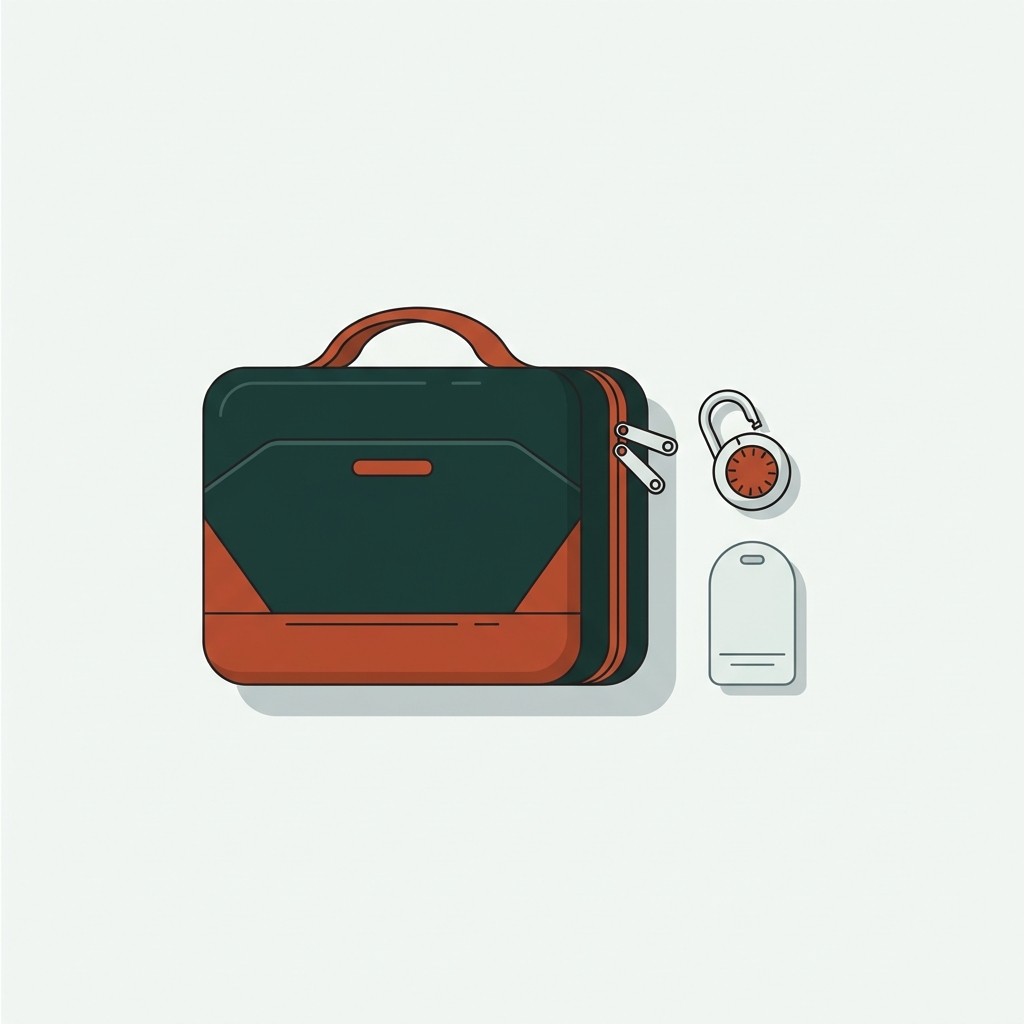 Minimal 2D vector editorial of a cabin bag with a detached TSA style combination padlock on a paper colored background with forest and terracotta accents