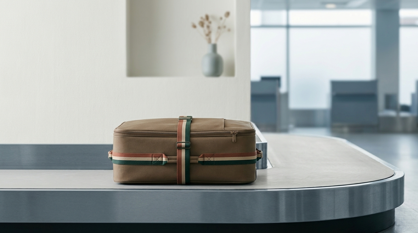 Suitcase with a colorful terracotta and forest toned luggage strap on a baggage carousel in a minimalist airline interior advising travelers to verify
