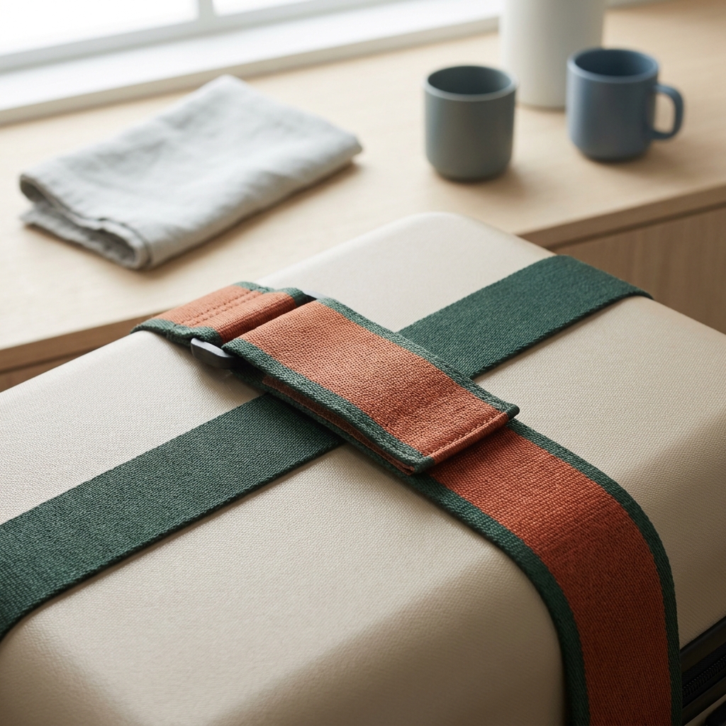 Close up of a hook and loop luggage strap laid flat across a hard shell suitcase in forest and terracotta tones focusing on strap width and secure closure