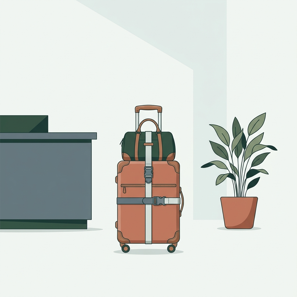 Minimal 2D vector hotel lobby showing a small duffel secured to a rolling suitcase with a visible luggage strap and balanced load
