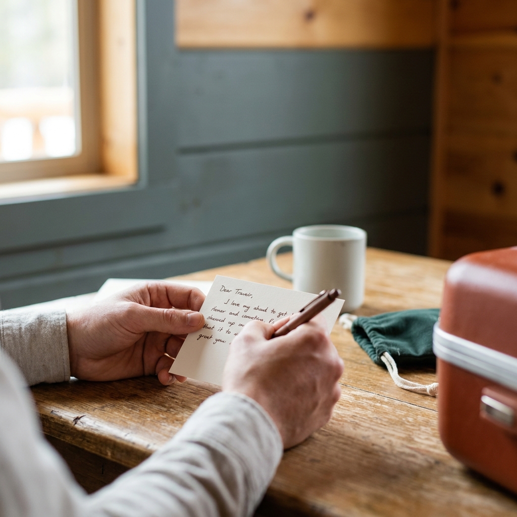 Traveler writing a small contact card to place inside checked luggage on a cabin table in forest and terracotta tones minimalist editorial scene showing packing practice and
