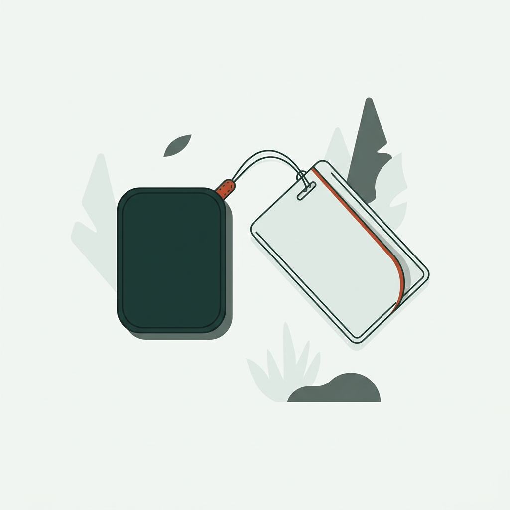 Minimalist 2D vector editorial of a compact Bluetooth tracker beside a luggage tag with a privacy flap on a paper background with forest terracotta mist and slate accents