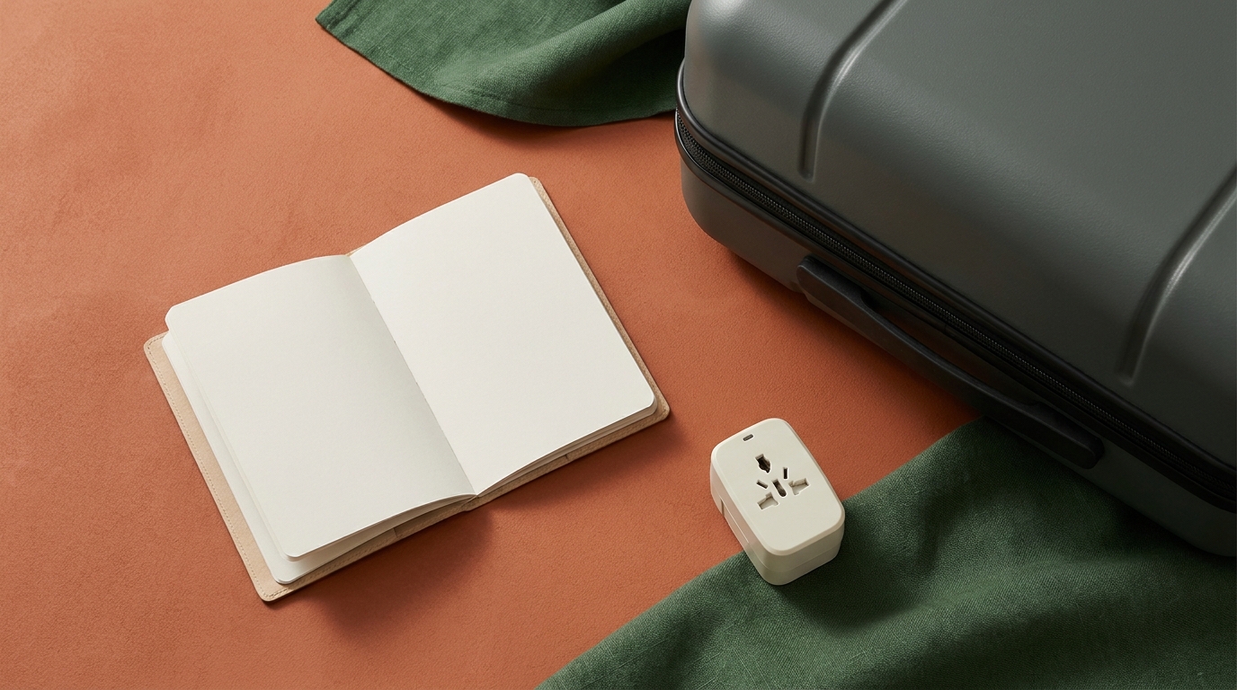 Top down editorial still life of passport carry on suitcase edge and small universal adapter on terracotta surface framed by forest green fabric verify airline rules