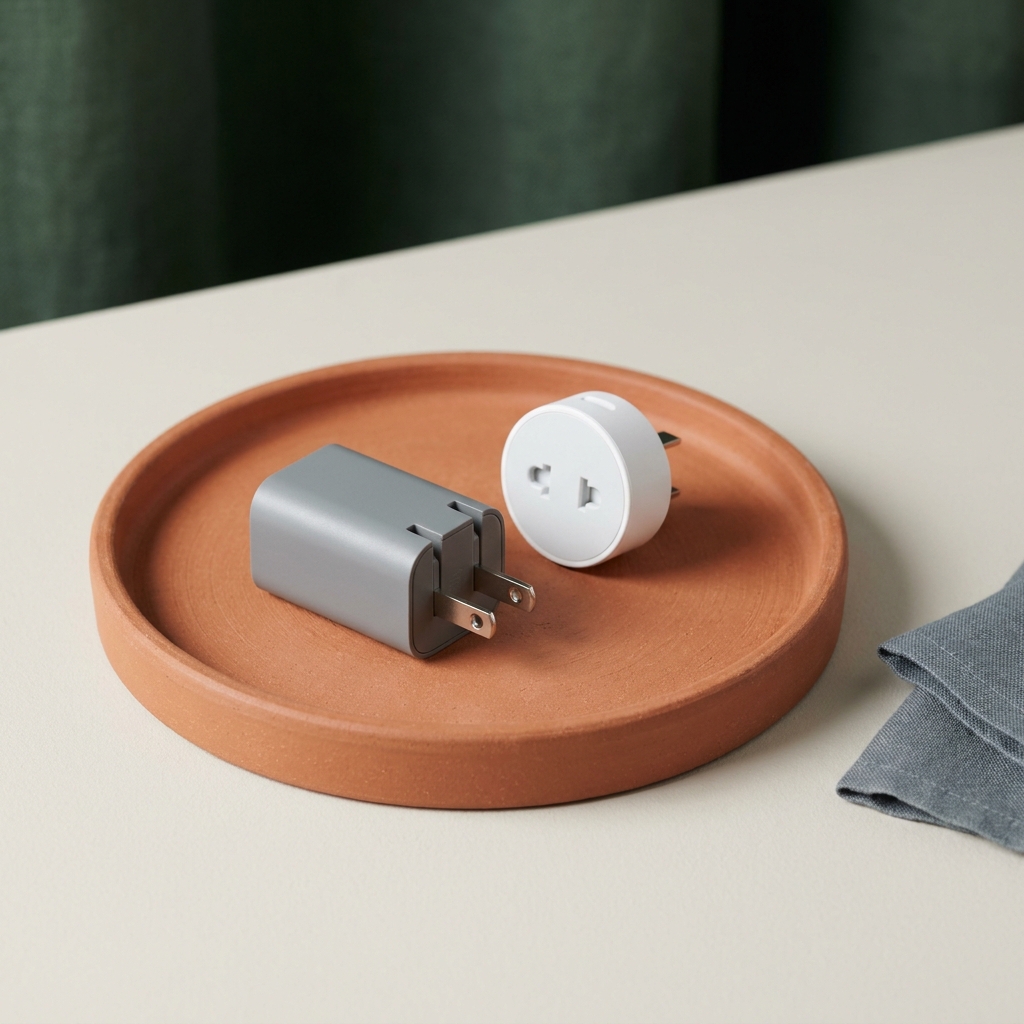 Close full frame editorial photo of a dual voltage phone charger and compact plug adapter on a terracotta tray with soft forest green background minimalist styling