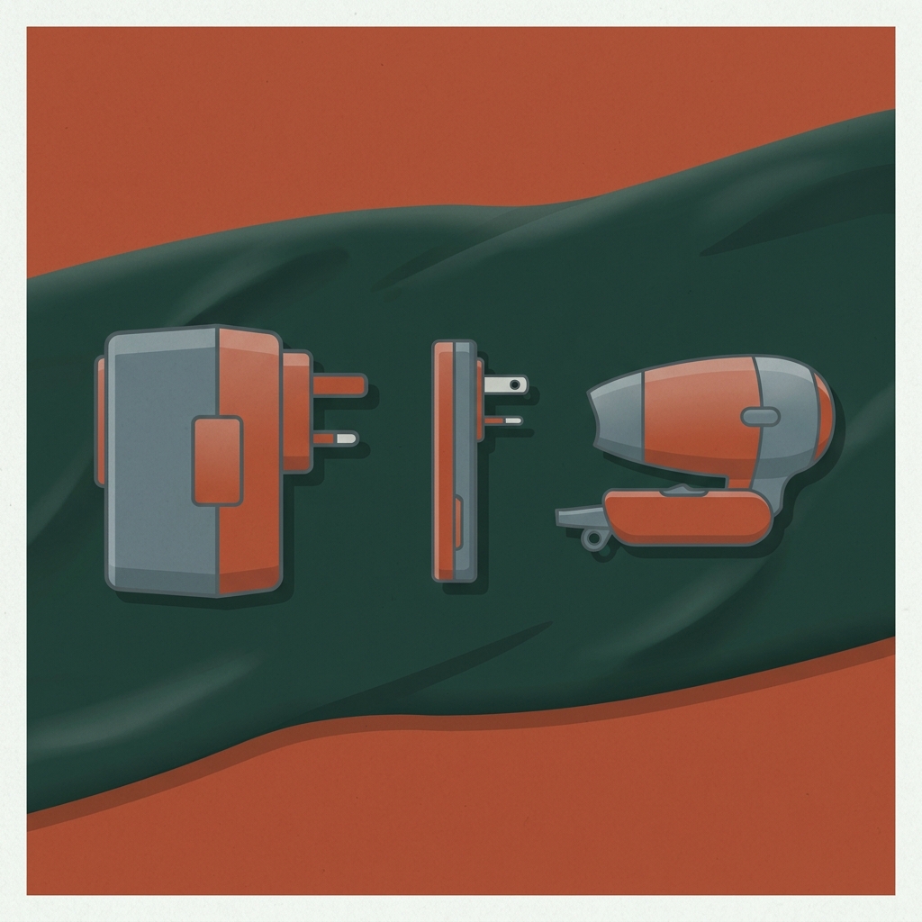 Vector packing layout showing a bulky voltage converter a slim adapter and a hair dryer on a terracotta surface with forest cloth accents