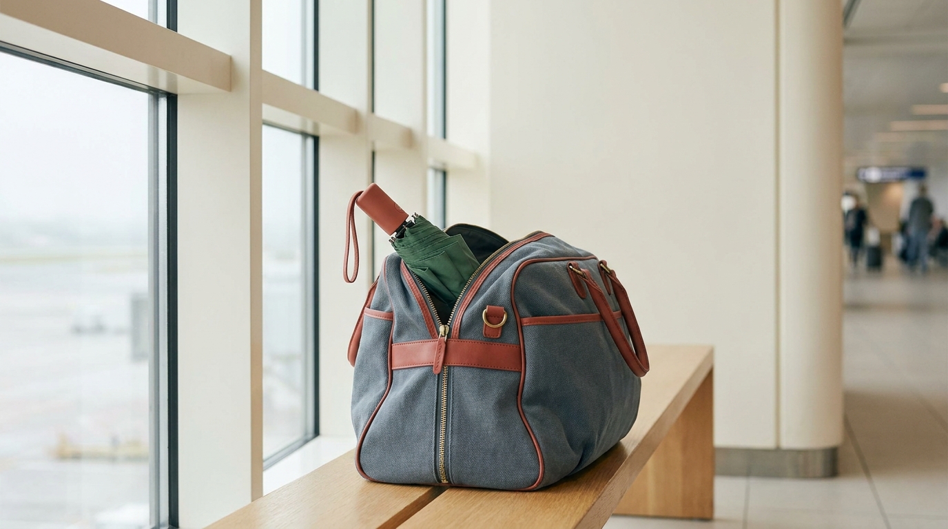Folded umbrella peeking from a carry on bag on a pale paper background with forest and terracotta accents under soft daylight