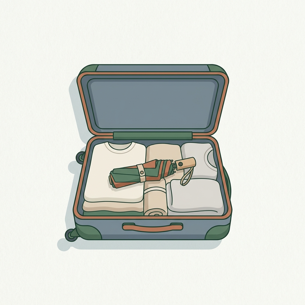 Minimalist 2D vector close up of a compact umbrella wrapped among folded clothes inside an open suitcase calm travel editorial composition