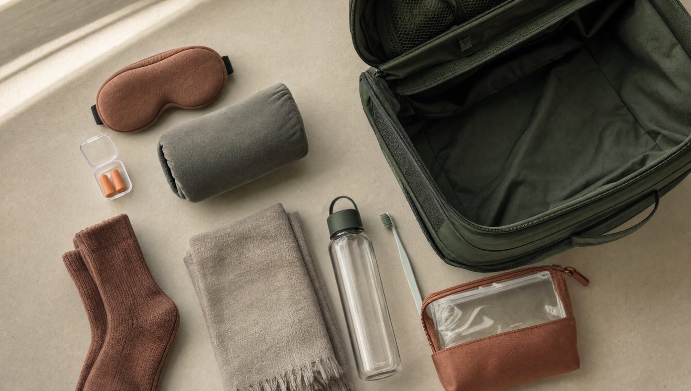 Overnight flight sleep kit with a sleep mask, earplugs, neck pillow, socks, scarf, water bottle and toiletry pouch beside an open forest green underseat bag