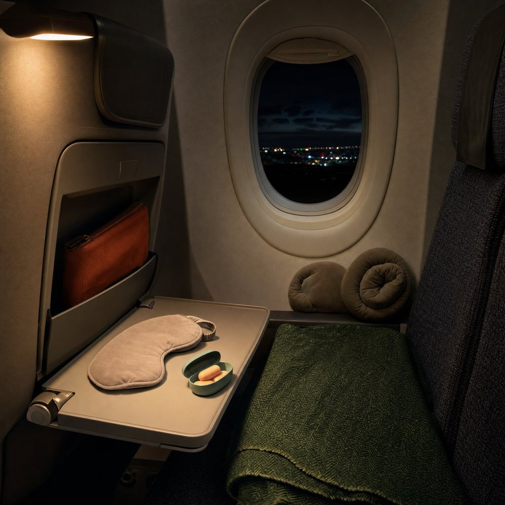 Airplane window seat at night with a sleep mask and an earplug case on the tray table, a neck pillow against the window and a forest green blanket over the seat
